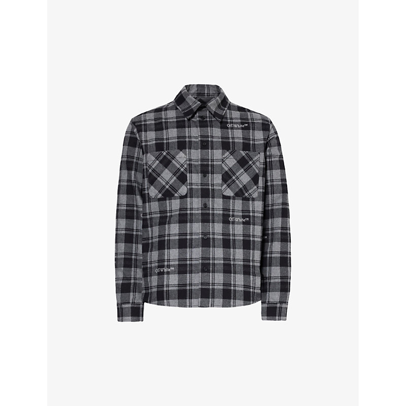 Shop Off-white C/o Virgil Abloh Mens Grey Black Checked Logo-embroidered Cotton Shirt