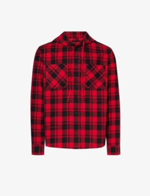 Shop Off-white C/o Virgil Abloh Men's Red Black Check Graphic-print Regular-fit Cotton Hooded Shirt
