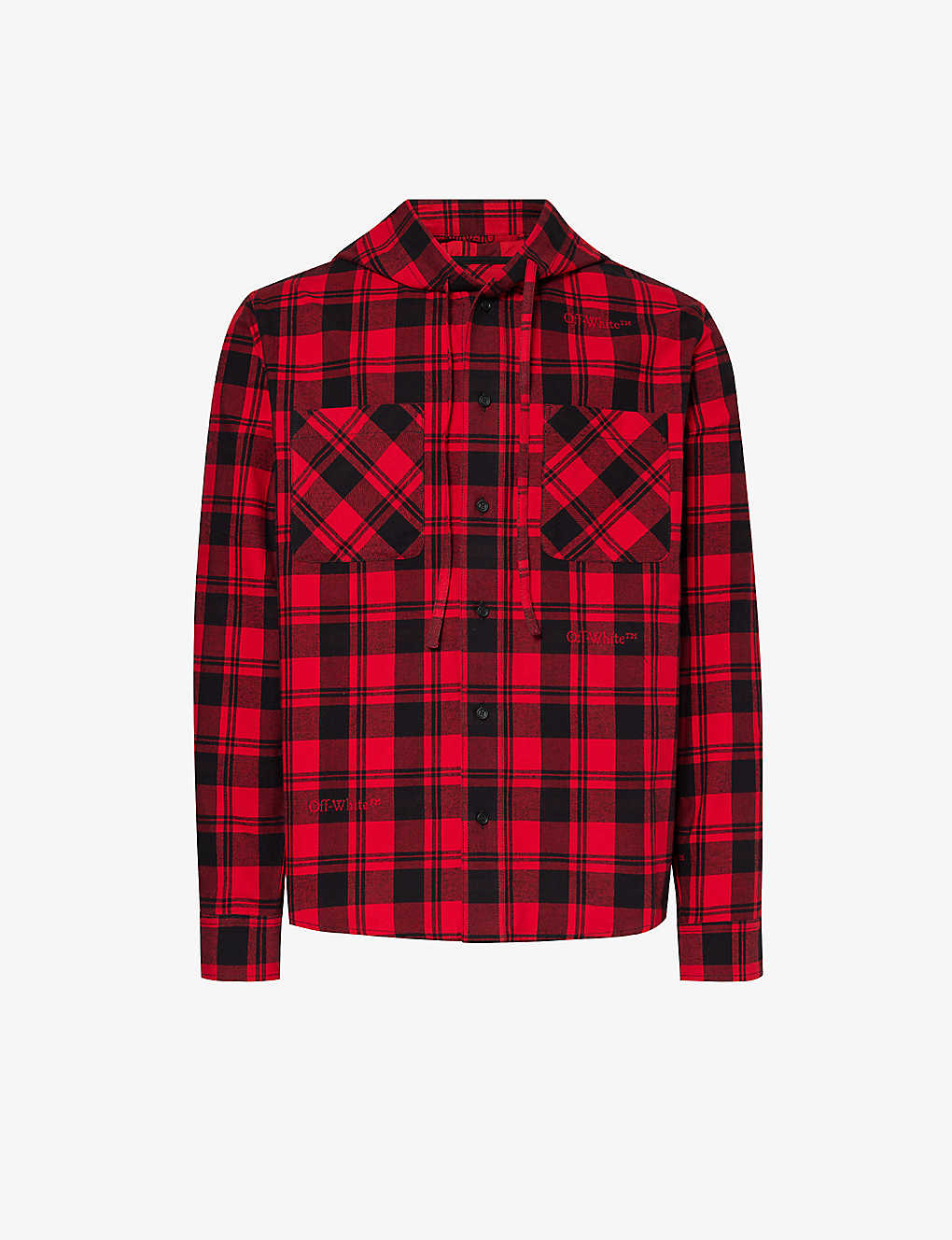 Shop Off-white C/o Virgil Abloh Men's Red Black Check Graphic-print Regular-fit Cotton Hooded Shirt