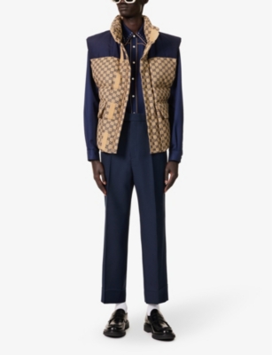 Shop Gucci Men's Beige Blue Logo-print Funnel-neck Cotton-blend Down-gilet