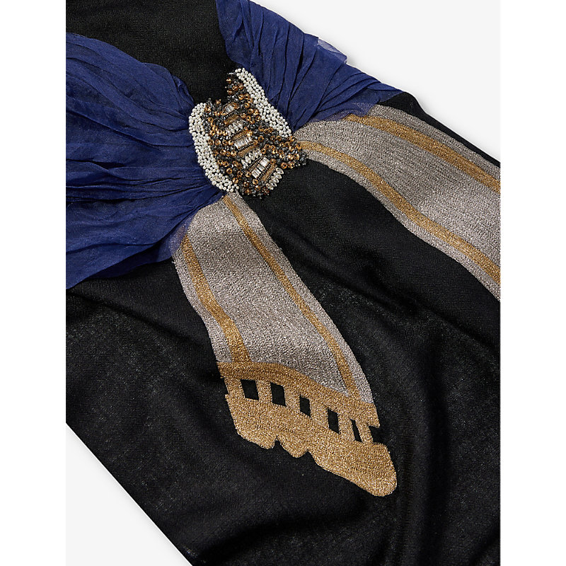 Shop Janavi India Womens Black Bead-embellished Fringed-trim Cashmere Scarf