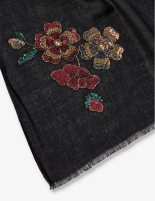 Shop Janavi India Cranes Bead-embellished Cashmere Scarf In Black