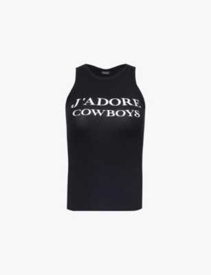 Cowboys Of Habit Womens J'adore Cowboys Logo-print Stretch-cotton Top Black