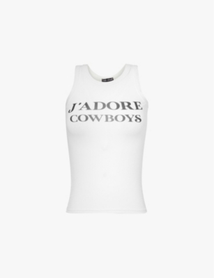 Cowboys Of Habit Womens White J'adore Cowboys Logo-print Stretch-cotton Top