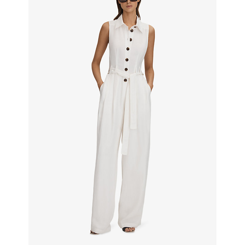 Shop Reiss Women's White Perla Belted Woven Jumpsuit