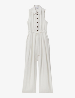 Shop Reiss Women's White Perla Belted Woven Jumpsuit