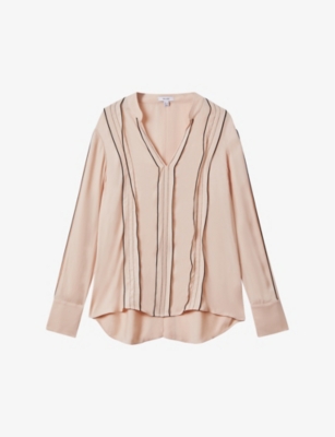 Shop Reiss Womens Nude Mia Contrasting-trim Stretch-woven Blouse