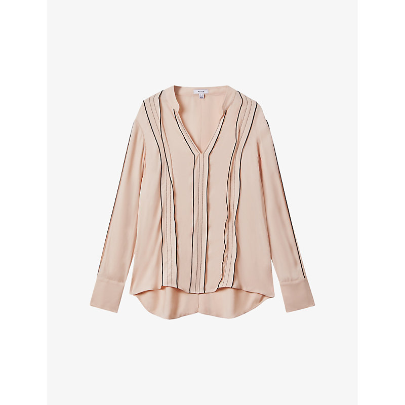 Shop Reiss Mia Contrasting-trim Stretch-woven Blouse In Nude