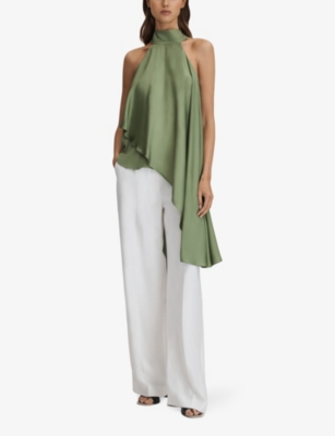 Shop Reiss Women's Green Elsie High-neck Asymmetric-drape Woven Top