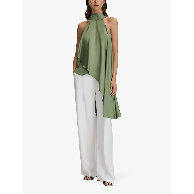 Shop Reiss Women's Green Elsie High-neck Asymmetric-drape Woven Top