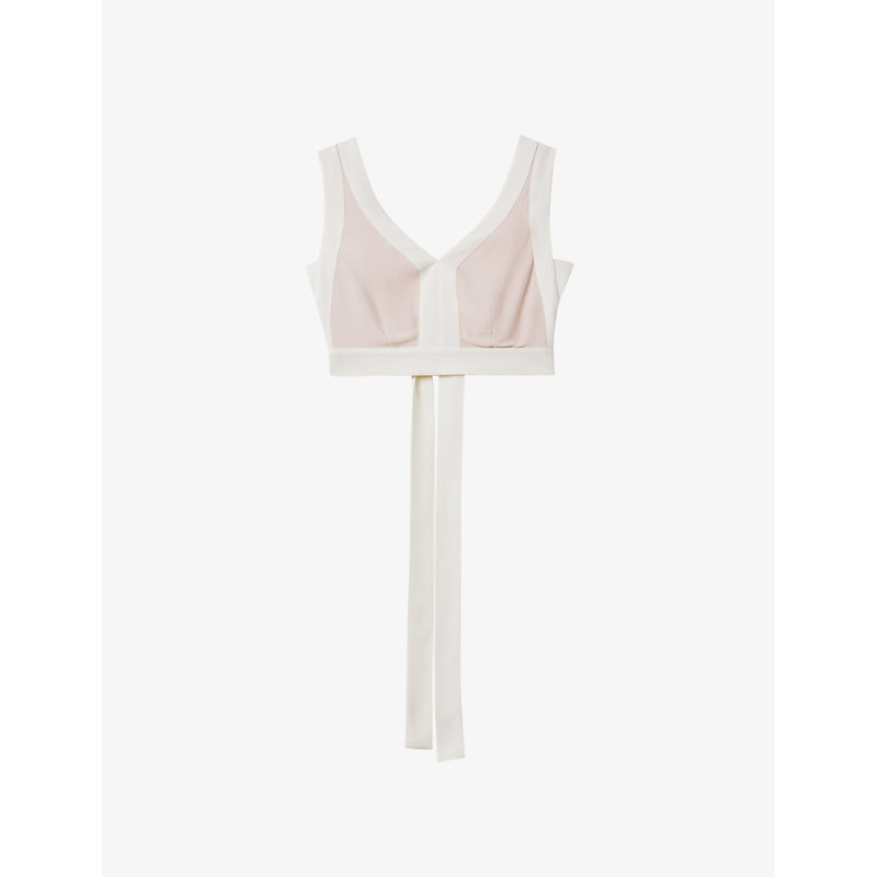 Reiss Rosalia Colour-blocked Cropped Woven Top In Nude/ivory