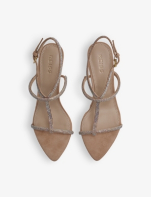 Shop Reiss Women's Nude Julie Crystal-embellished Leather And Suede Heeled Sandals