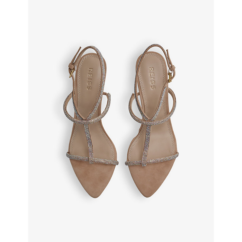 Shop Reiss Julie Crystal-embellished Leather And Suede Heeled Sandals In Nude