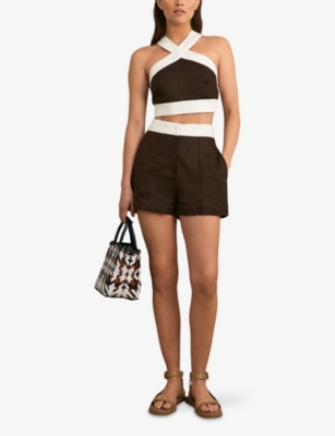 Reiss Womens Chocolate Cream Rebecca Halter-neck Colour-block Cropped Linen Top In Brown