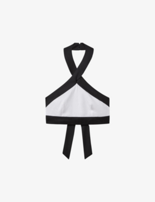 Reiss Rebecca Halter-neck Colour-block Cropped Linen Top In White/navy
