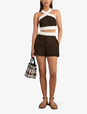 REISS: Rebecca colour-block high-rise linen shorts