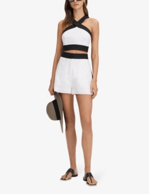 Shop Reiss Women's White/vy Rebecca Colour-block High-rise Linen Shorts In White/navy
