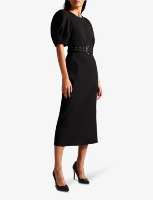 Shop Ted Baker Women's Black Gabyela Puffed-sleeve Stretch-woven Midi Dress