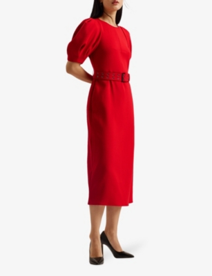 Shop Ted Baker Women's Red Gabyela Puffed-sleeve Stretch-woven Midi Dress