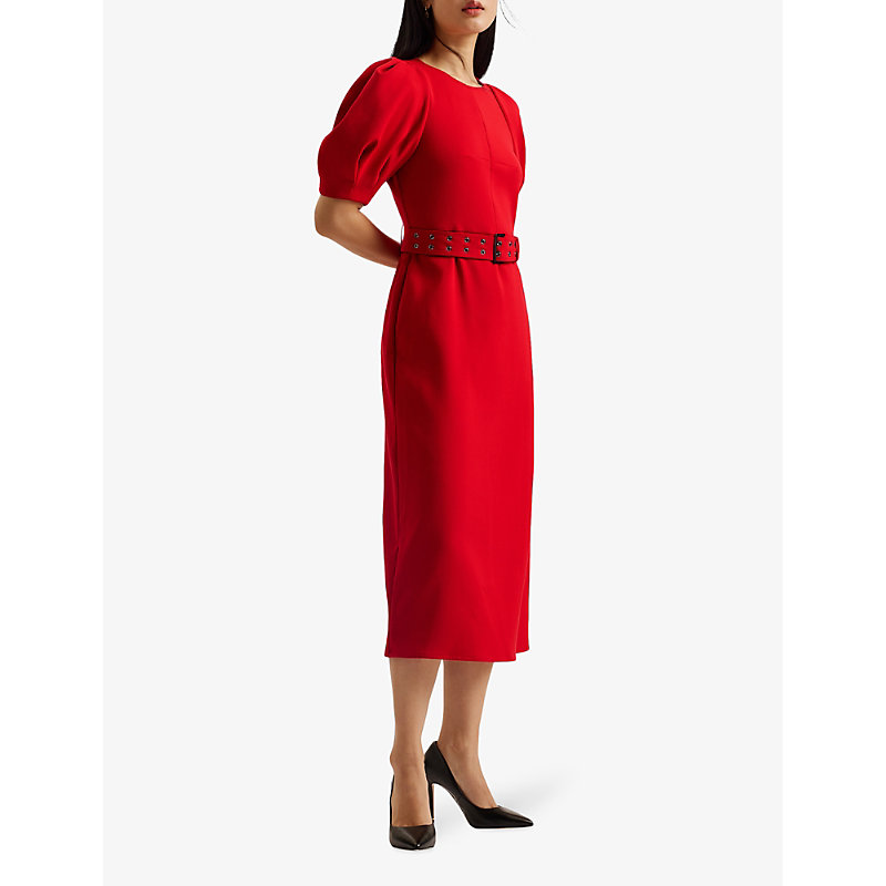 Shop Ted Baker Women's Red Gabyela Puffed-sleeve Stretch-woven Midi Dress