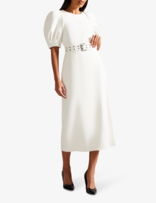 Shop Ted Baker Women's White Gabyela Puffed-sleeve Stretch-woven Midi Dress