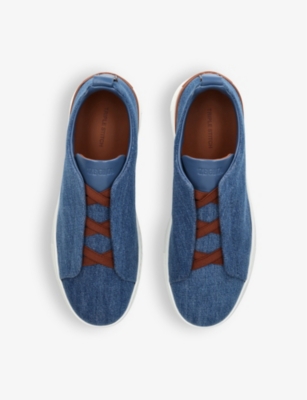 Ermenegildo Zegna Mens Blue Triple Stitch Contrast-sole Denim Low-top Trainer In Blue