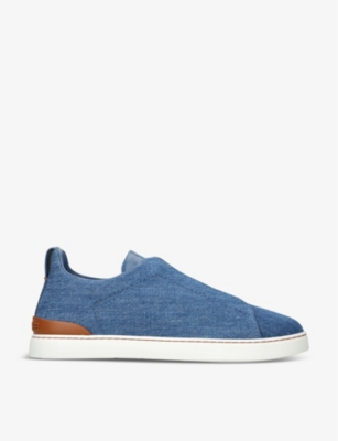 Ermenegildo Zegna Mens Blue Triple Stitch Contrast-sole Denim Low-top Trainer In Blue