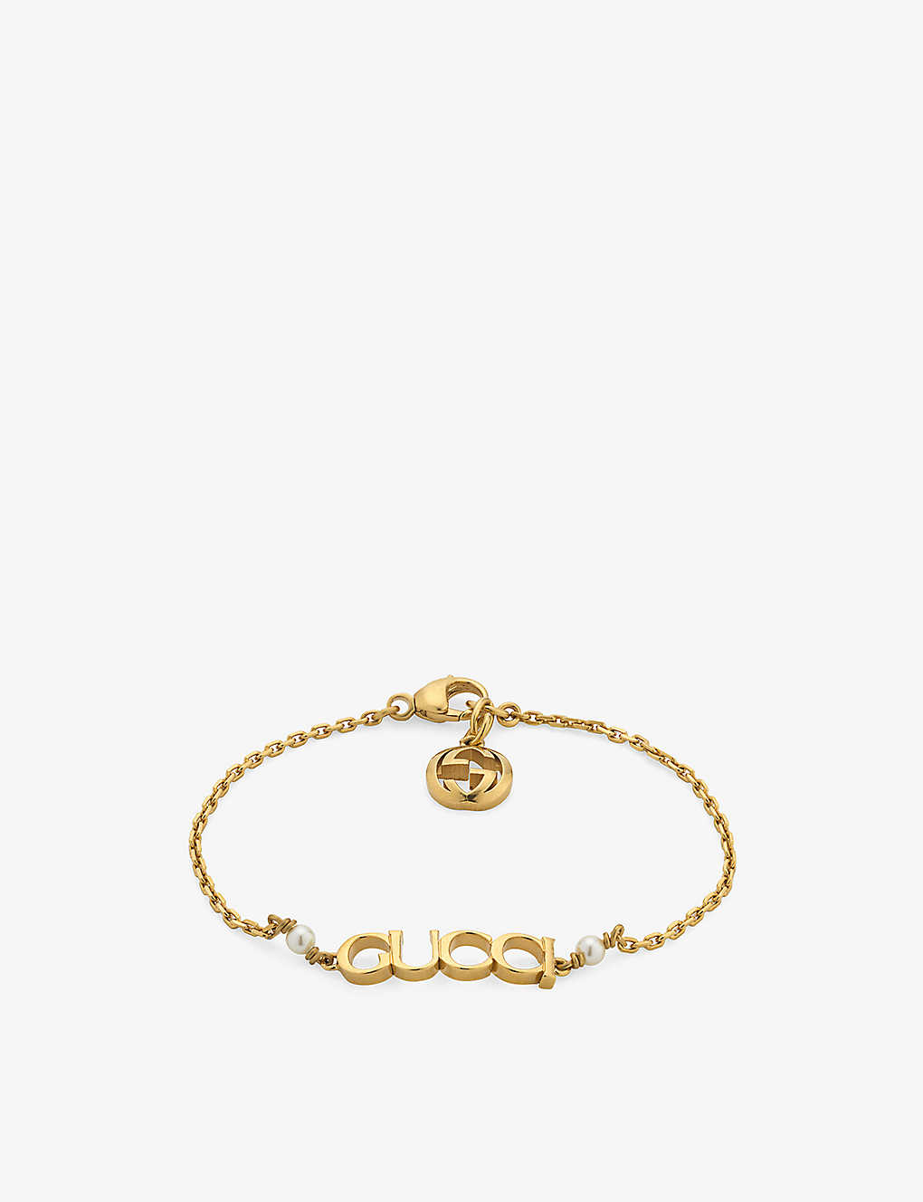 Gucci Womens Yellow Gold Logo-script Glass-pearls Gold-toned Metal Bracelet