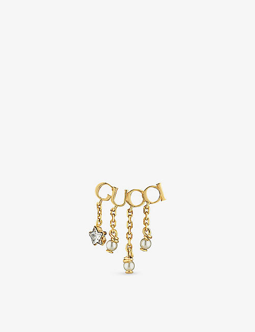 GUCCI: Logo-script crystal and pearl-embellished gold-toned metal earrings