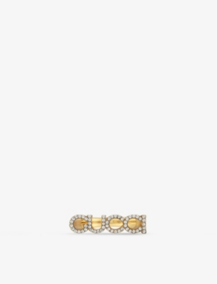 Shop Gucci Women's Yellow Gold Logo-script Crystal-embellished Antique Gold-toned Metal Ring