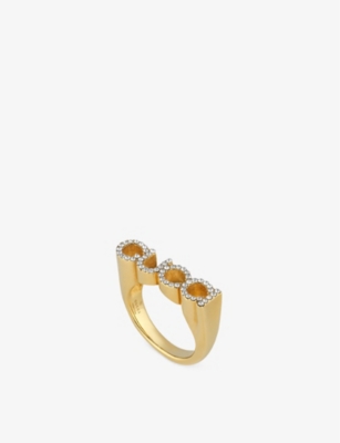 Gucci Womens Yellow Gold Logo-script Crystal-embellished Antique Gold-toned Metal Ring
