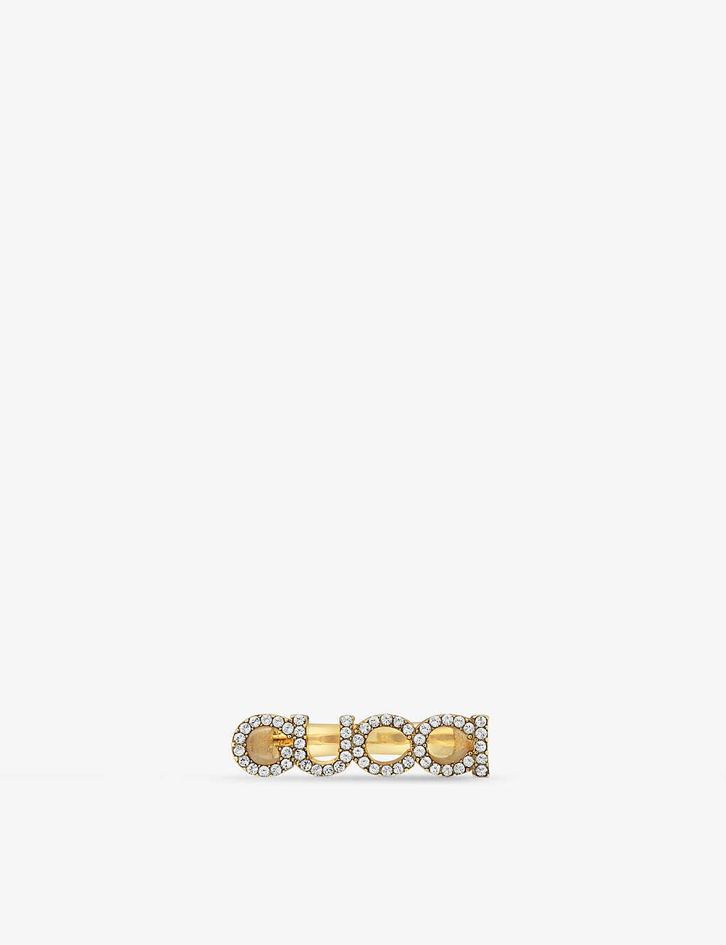 Gucci Womens Yellow Gold Logo-script Crystal-embellished Antique Gold-toned Metal Ring