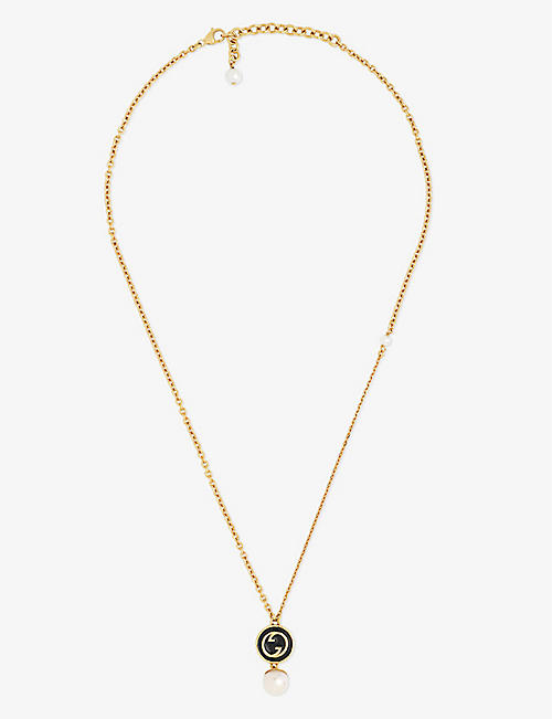 GUCCI: Blondie black-enamel interlocking-G and pearl gold-toned metal necklace