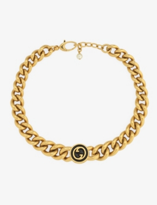 GUCCI: Blondie black-enamel interlocking-G gold-toned metal necklace