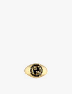 Shop Gucci Womens Yellow Gold Blondie Black-enamel Interlocking-g Gold-toned Metal Ring