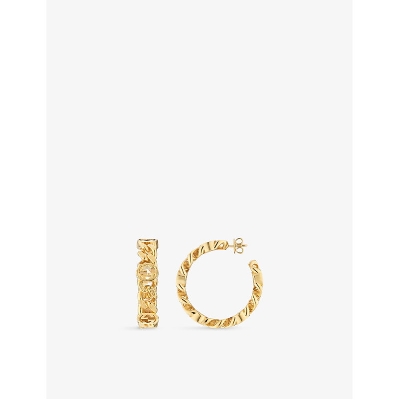 Shop Gucci Womens Yellow Gold Interlocking G Chain Gold-toned Metal Hoop Earrings
