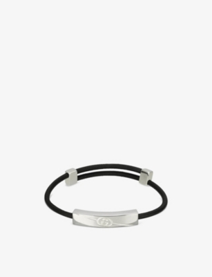 Gucci Womens Silver Diagonal Engraved-interlocking G Sterling Silver And Leather Bracelet