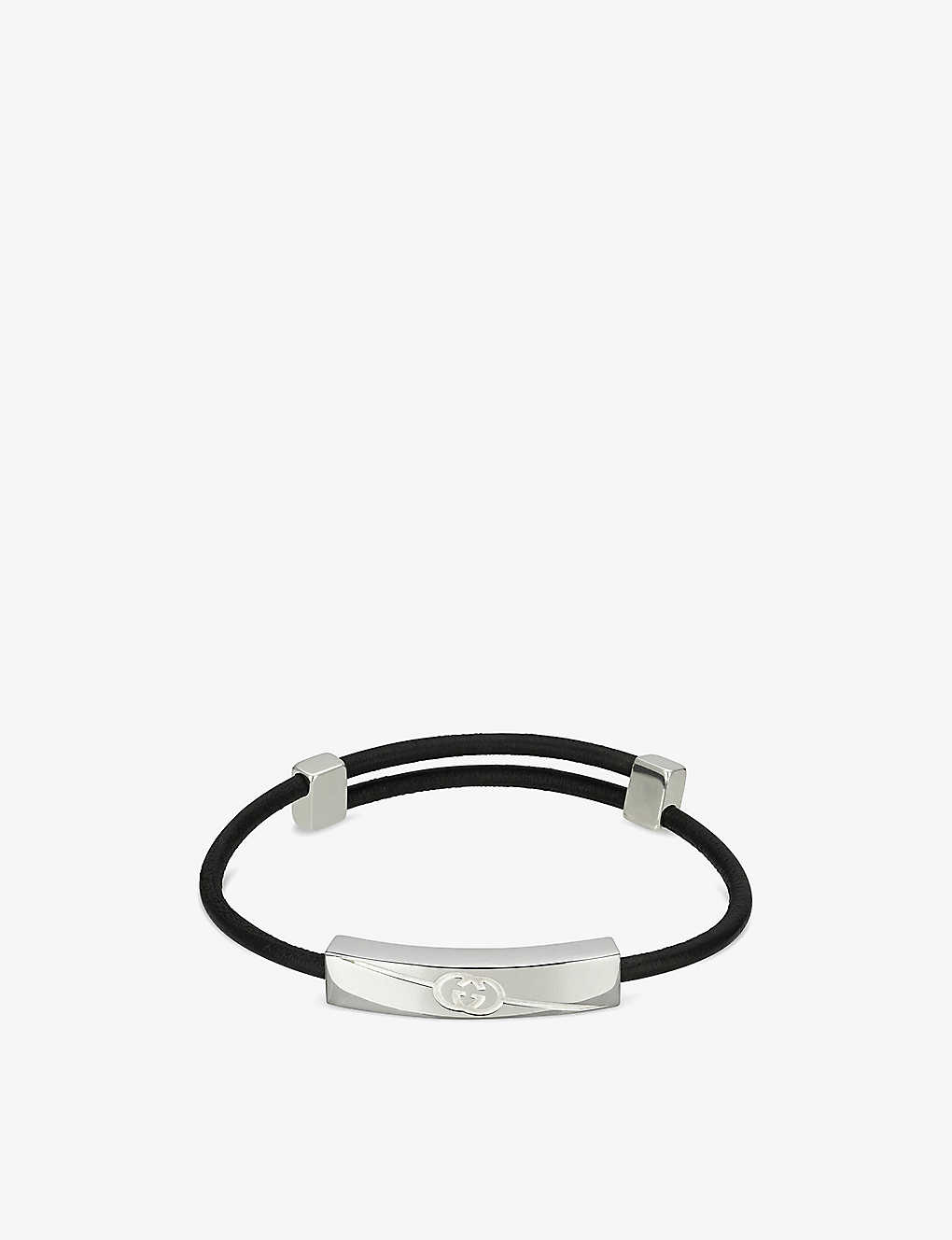 Gucci Womens Silver Diagonal Engraved-interlocking G Sterling Silver And Leather Bracelet