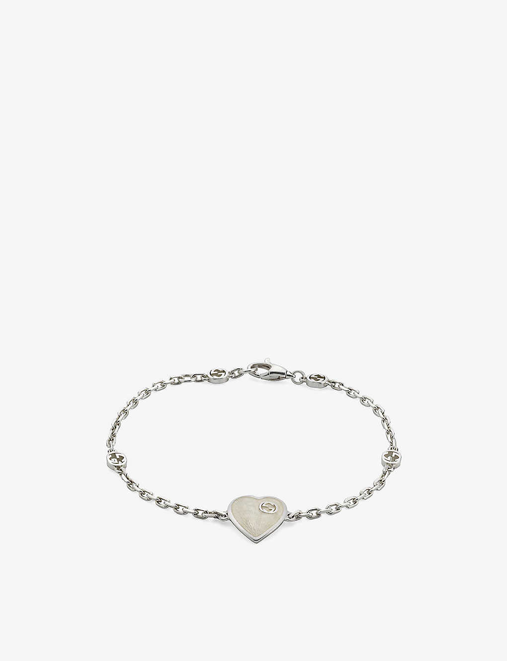 Shop Gucci Womens Silver Mother-of-pearl-effect Heart Interlocking-g Sterling-silver Bracelet