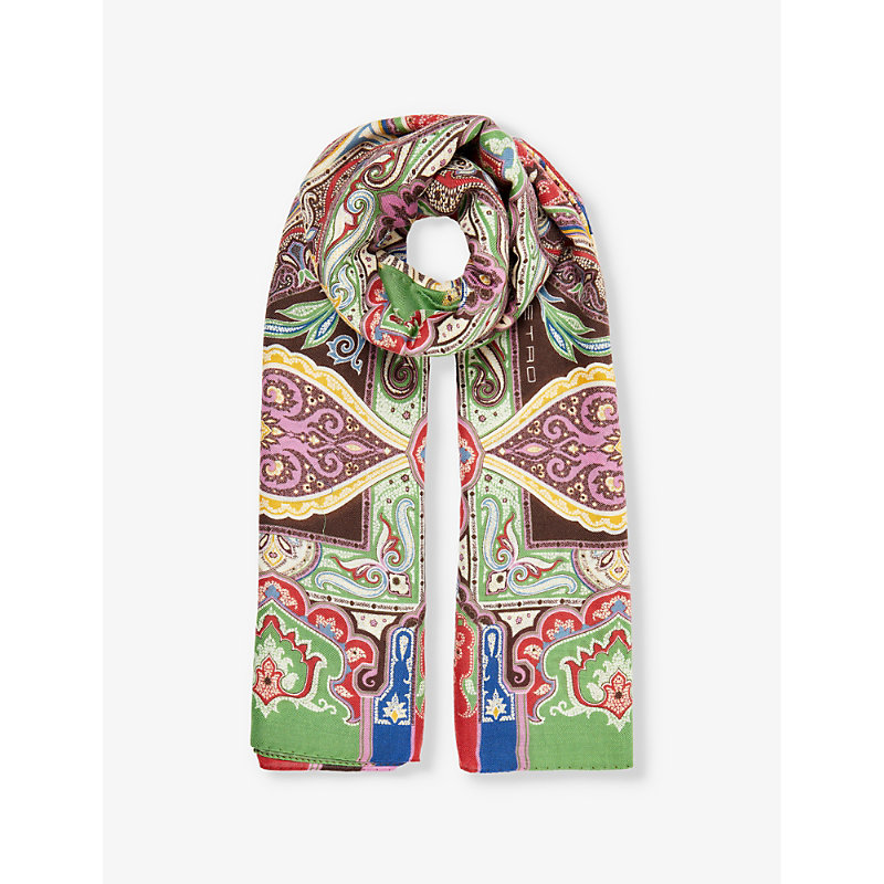 Etro Womens Multi Paisley-print Fringed Cashmere And Silk-blend Scarf