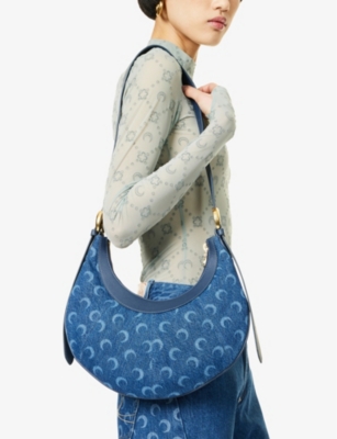 Shop Marine Serre Women's Blue Eclips Moon-motif Denim Shoulder Bag