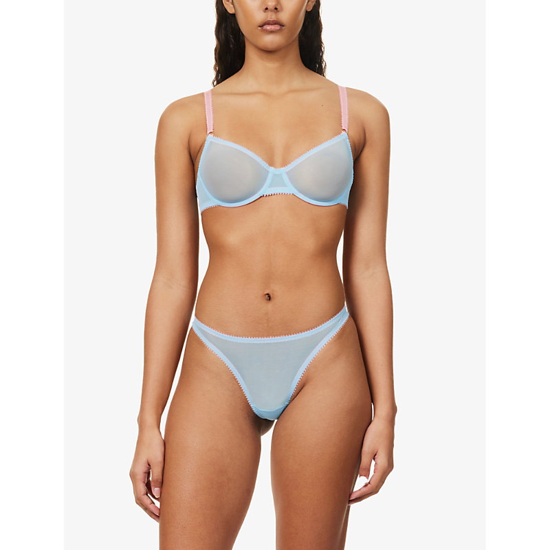 Shop Dora Larsen Layla Sheer Mid-rise Stretch-recycled Nylon Thong In Pastel Blue