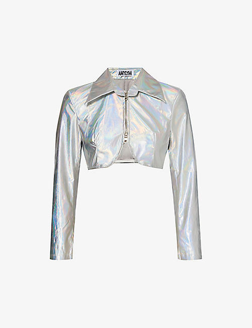 AMY LYNN: Holographic cropped faux-leather jacket
