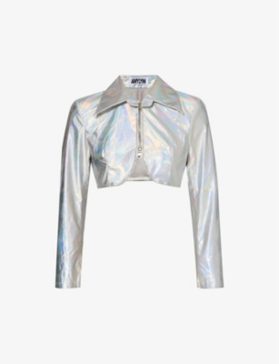 Shop Amy Lynn Womens Neon/silver Holographic Cropped Faux-leather Jacket