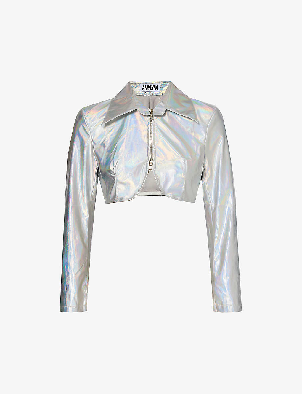 Amy Lynn Holographic Cropped Faux-leather Jacket In Silver