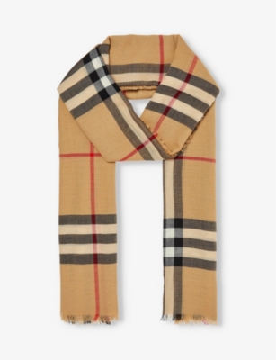 BURBERRY - Checked fringed-trim wool scarf | Selfridges.com