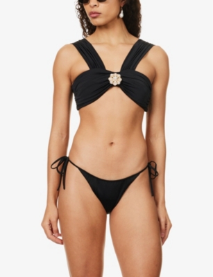 Shop Self-portrait Women's Black V-neck Detachable-brooch Bikini Top