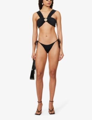 Shop Self-portrait Tie-side High-leg Bikini Bottoms In Black