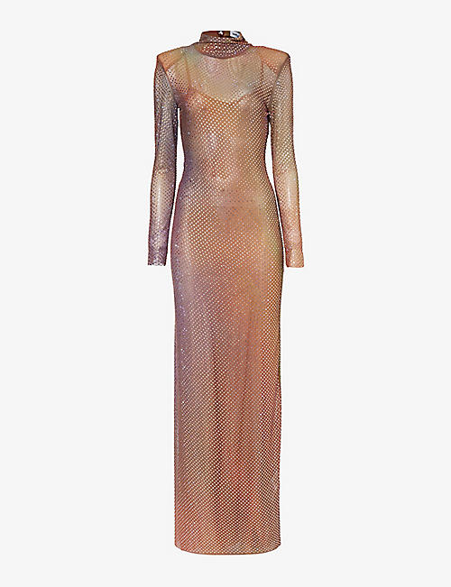SELF-PORTRAIT: Crystal-embellished gradient-pattern stretch-woven maxi dress