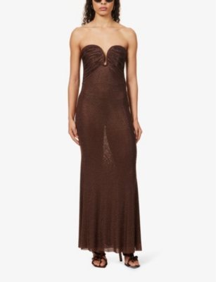 Shop Self-portrait Strapless Rhinestone-embellished Stretch-woven Maxi Dress In Brown